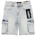 Anom Yazan Cargo Short in Ice Blue denim — front view