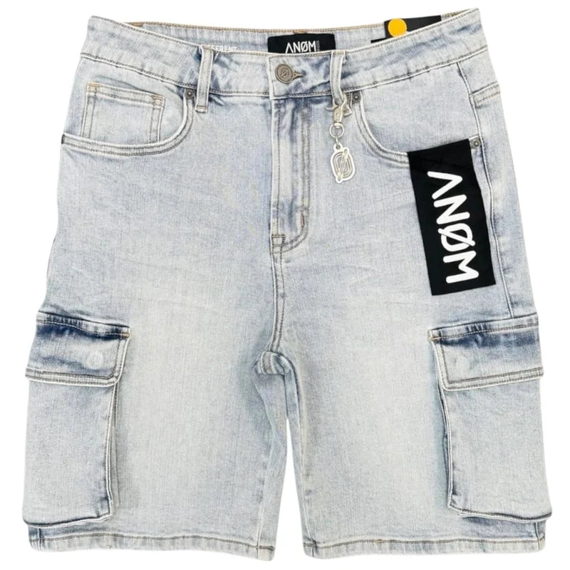 Anom Yazan Cargo Short in Ice Blue denim — front view