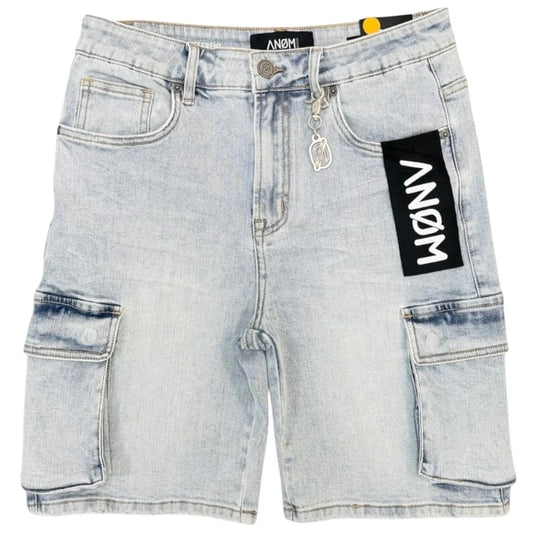 Anom Yazan Cargo Short in Ice Blue denim — front view