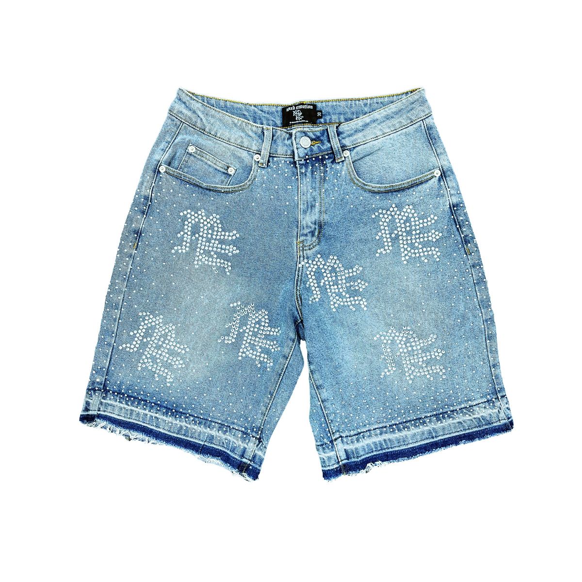 Mixed Emotion Rhinestone Denim Shorts - Blue — Mixed Emotion premium streetwear, denim shorts, front view