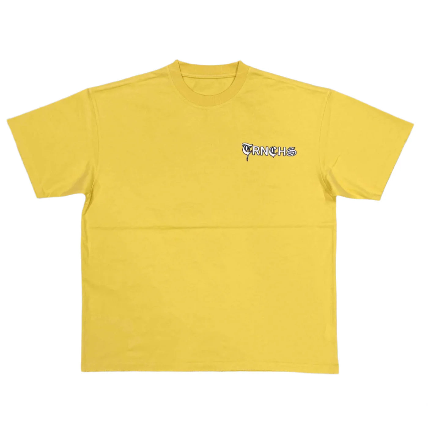 TRNCHS Dangerous Tee - Yellow — TRNCHS militant-streetwear heavyweight, short-sleeve cotton tee, front view