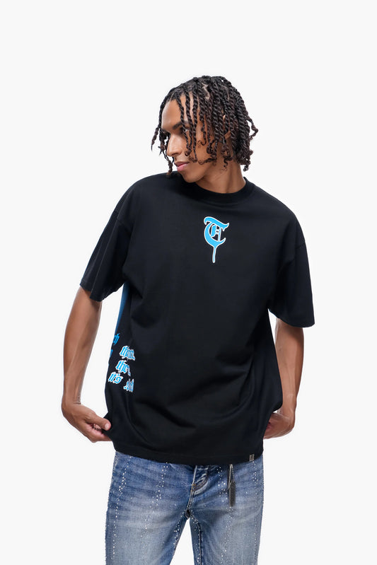 TRNCHS Forged From Bone Tee - Black — TRNCHS militant-streetwear heavyweight, short-sleeve cotton tee, front view