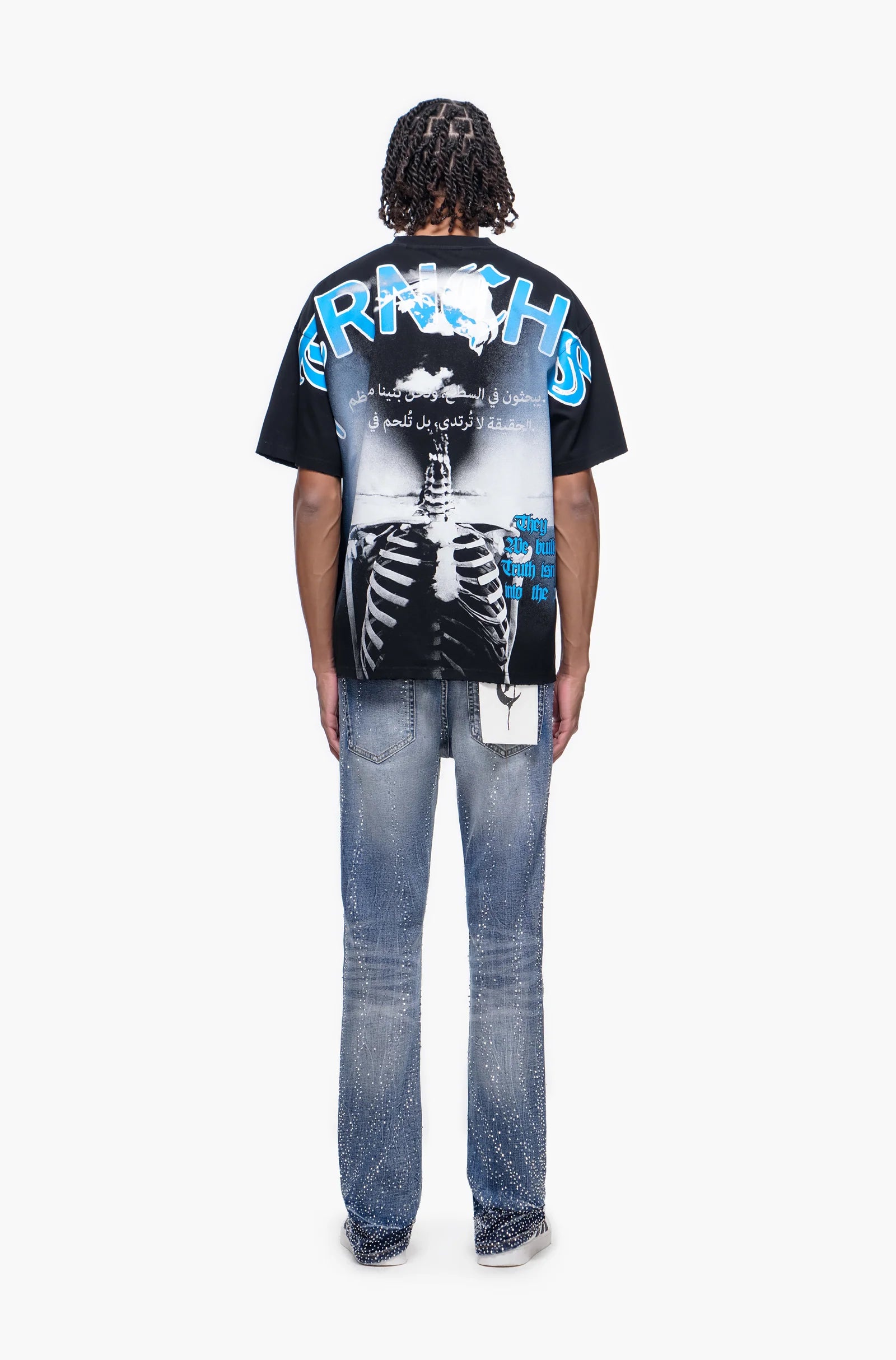 TRNCHS Forged From Bone Tee - Black — TRNCHS militant-streetwear heavyweight, short-sleeve cotton tee, front view
