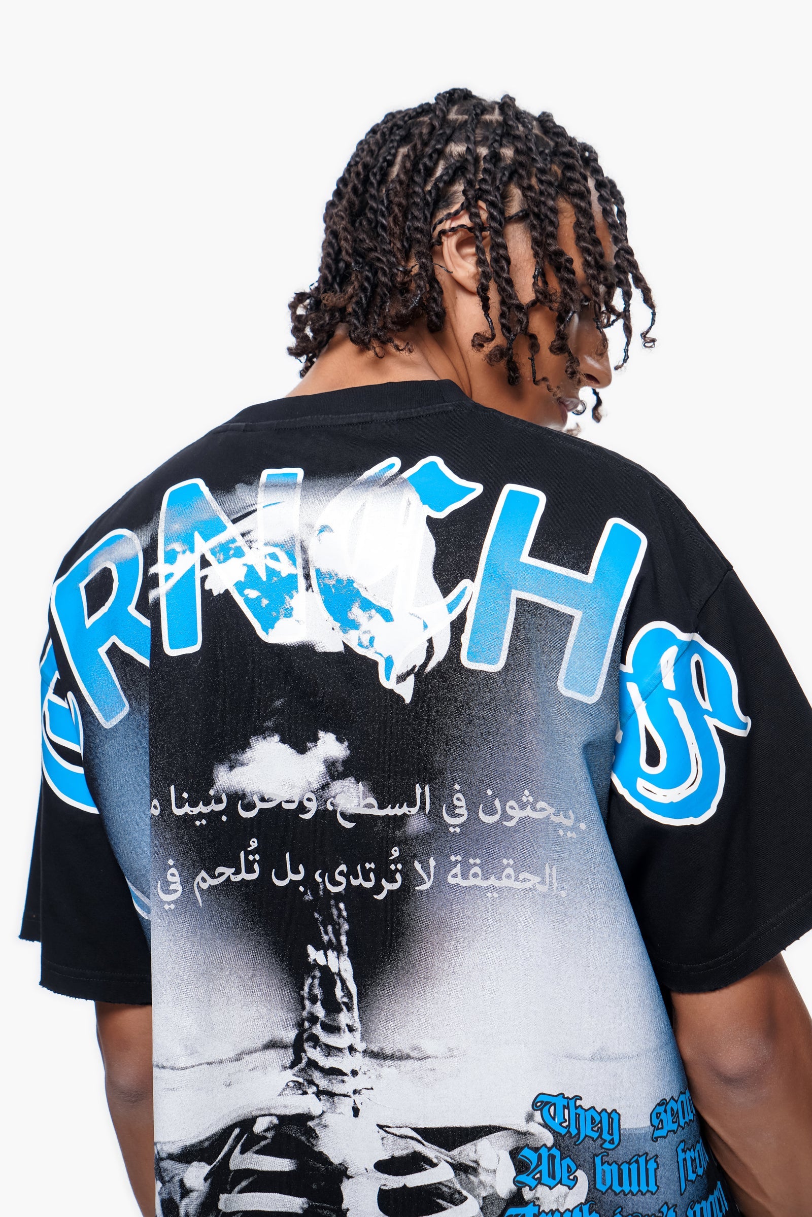 TRNCHS Forged From Bone Tee - Black — TRNCHS militant-streetwear heavyweight, short-sleeve cotton tee, front view