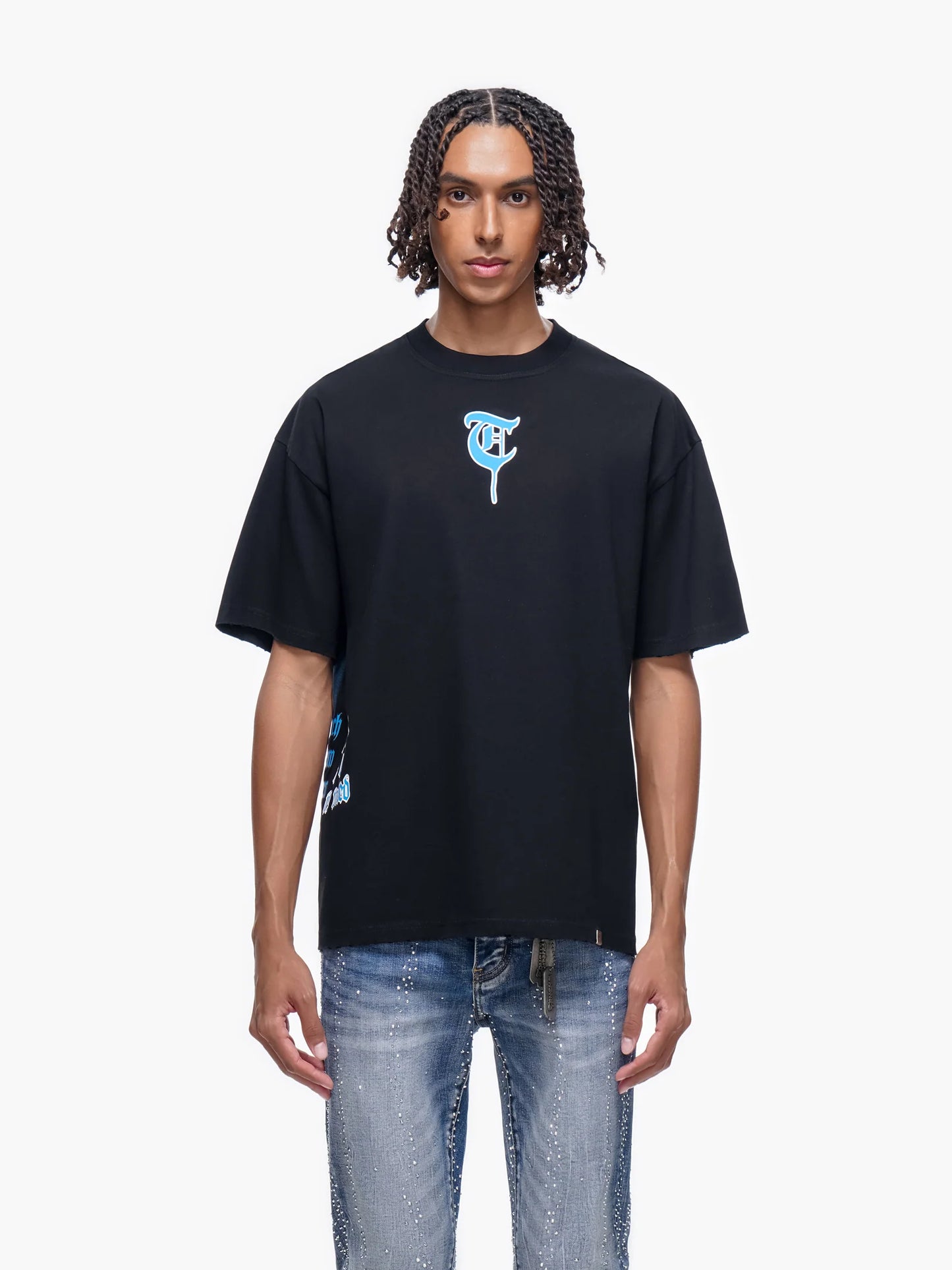 TRNCHS Forged From Bone Tee - Black — TRNCHS militant-streetwear heavyweight, short-sleeve cotton tee, front view