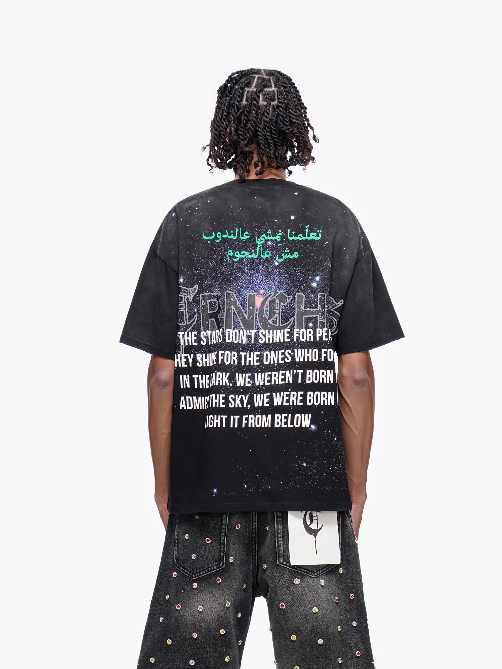 TRNCHS Light From Below Tee - Black — TRNCHS militant-streetwear heavyweight, short-sleeve cotton tee, front view