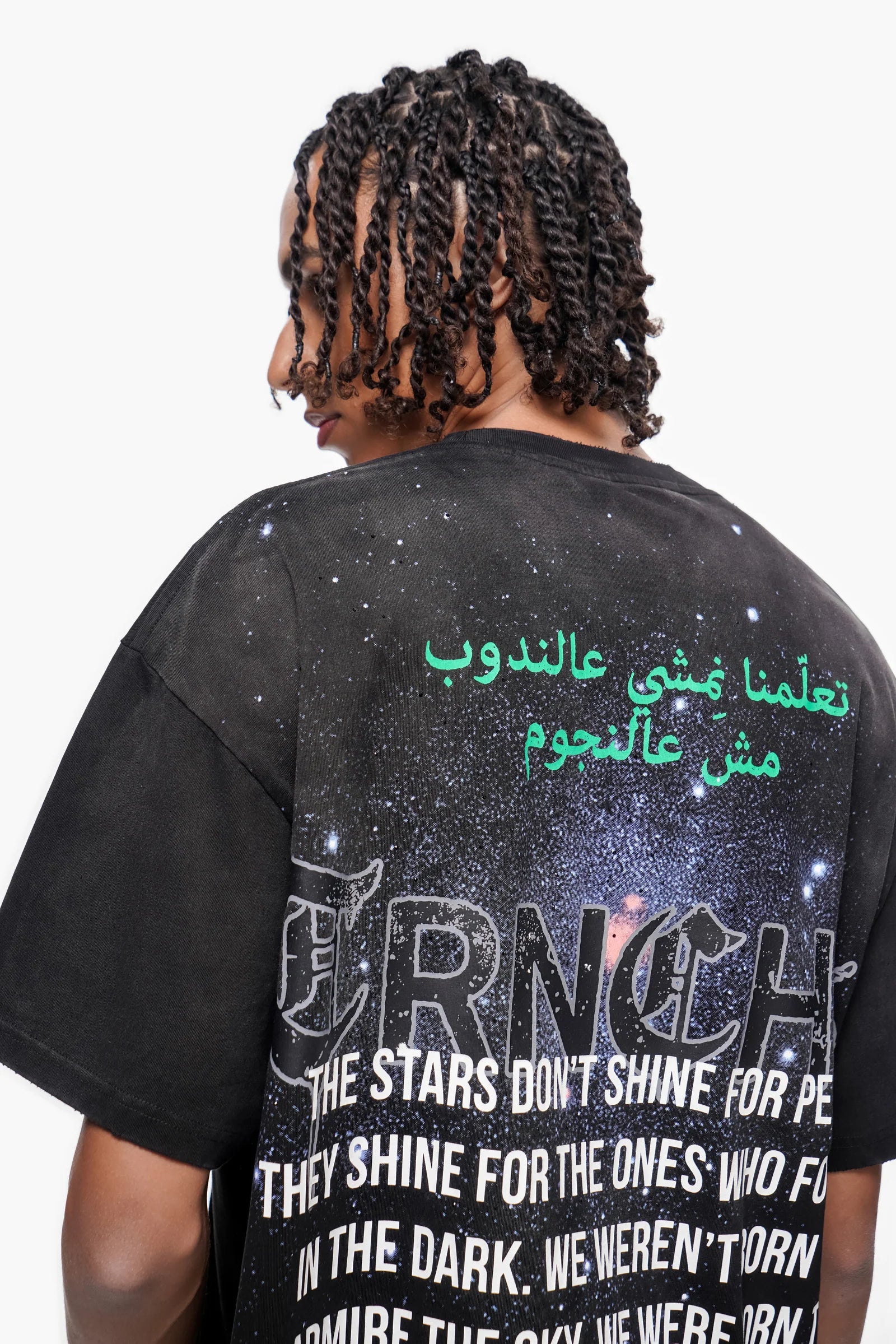 TRNCHS Light From Below Tee - Black — TRNCHS militant-streetwear heavyweight, short-sleeve cotton tee, front view