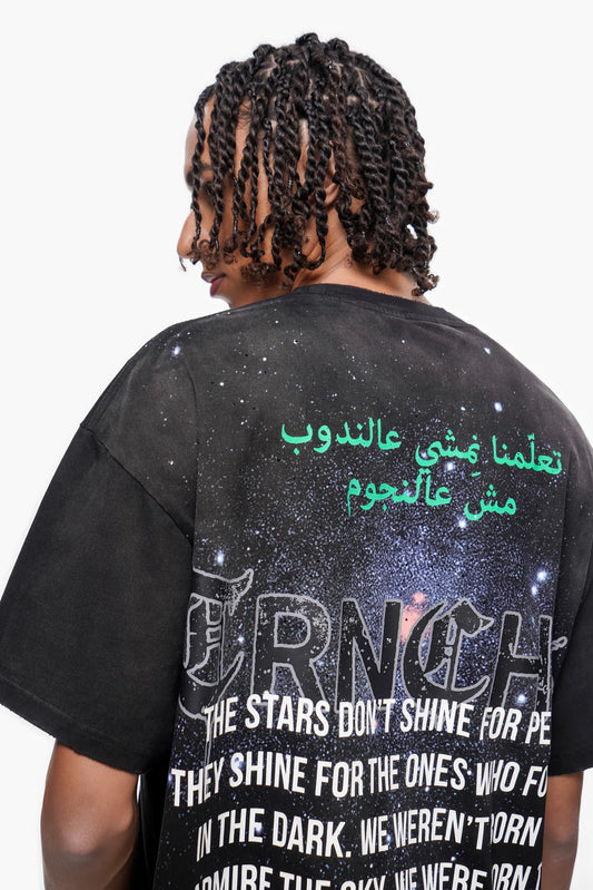 TRNCHS Light From Below Tee - Black — TRNCHS militant-streetwear heavyweight, short-sleeve cotton tee, front view