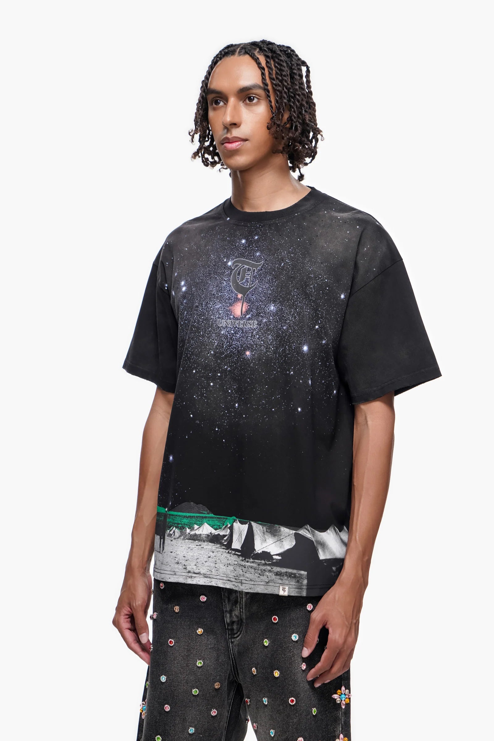 TRNCHS Light From Below Tee - Black — TRNCHS militant-streetwear heavyweight, short-sleeve cotton tee, front view