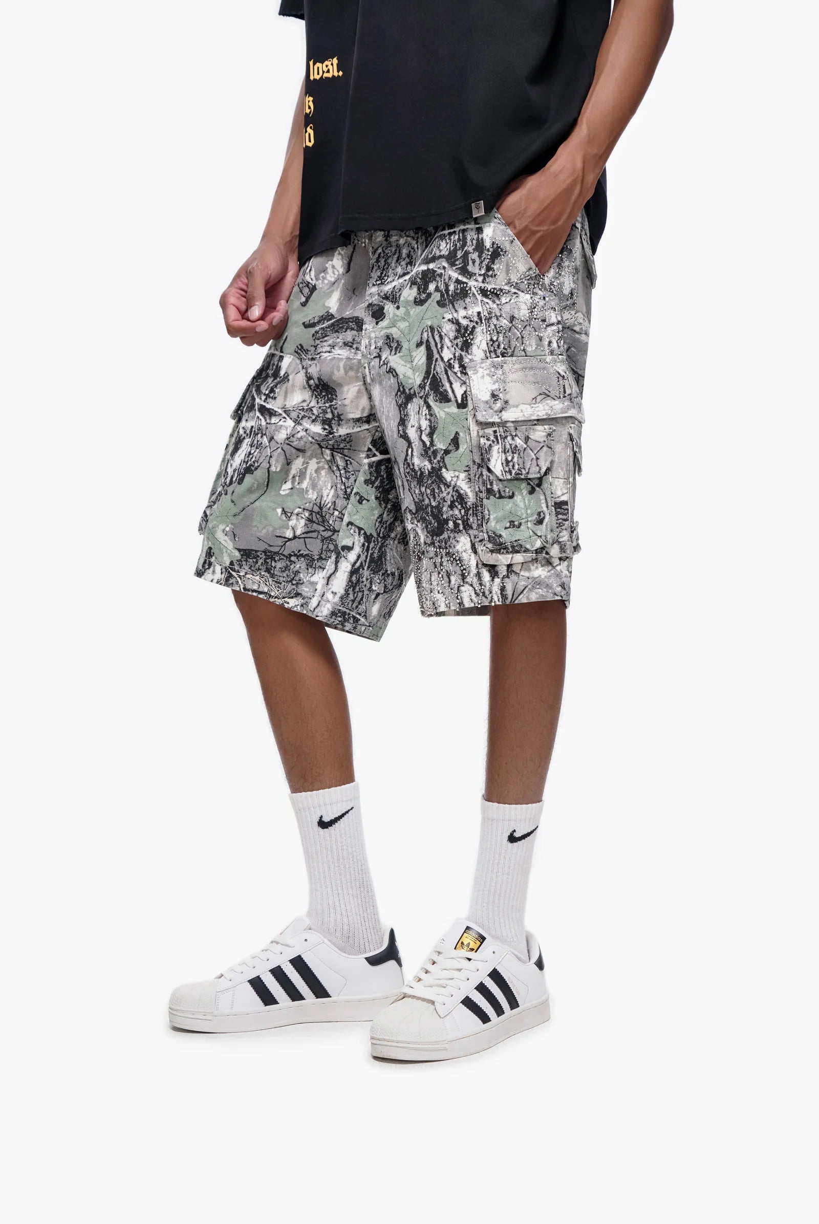 TRNCHS Abandon Camo Denim Shorts - Grey — TRNCHS militant-streetwear heavyweight, denim shorts, front view