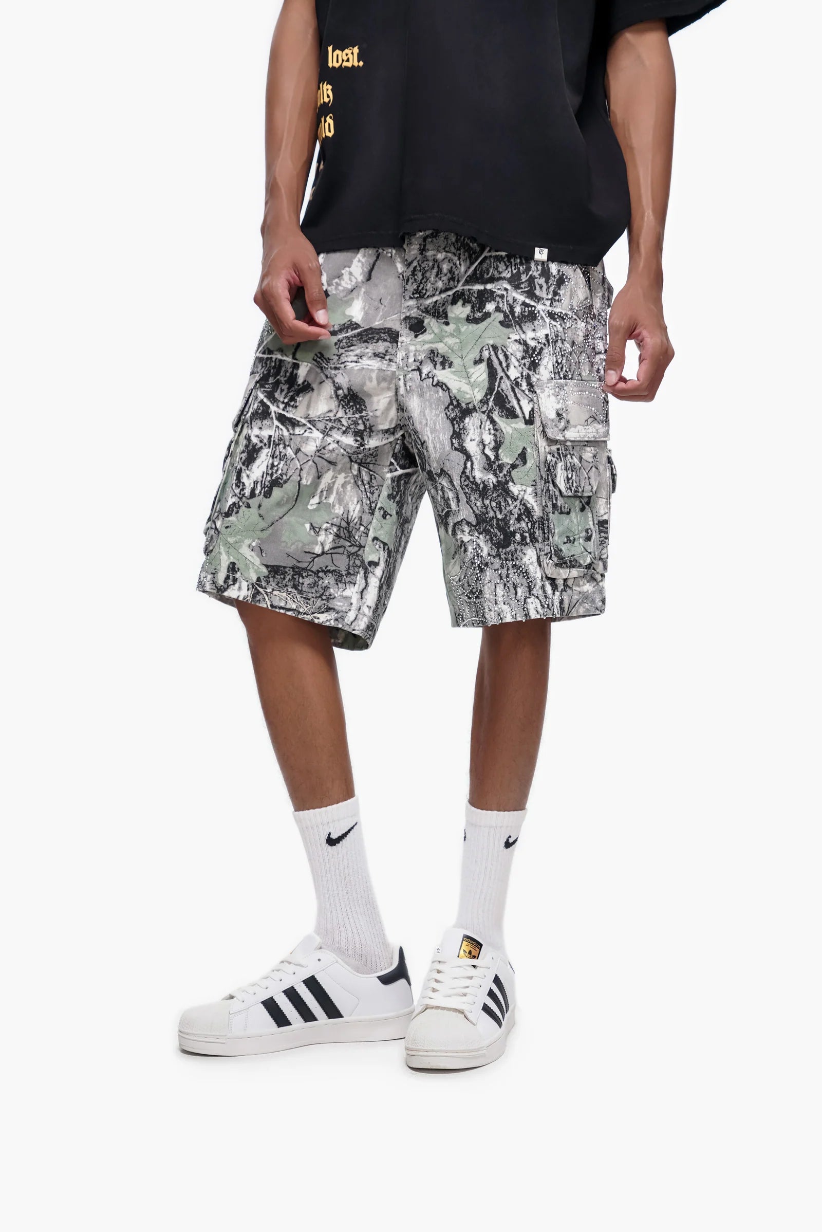 TRNCHS Abandon Camo Denim Shorts - Grey — TRNCHS militant-streetwear heavyweight, denim shorts, front view