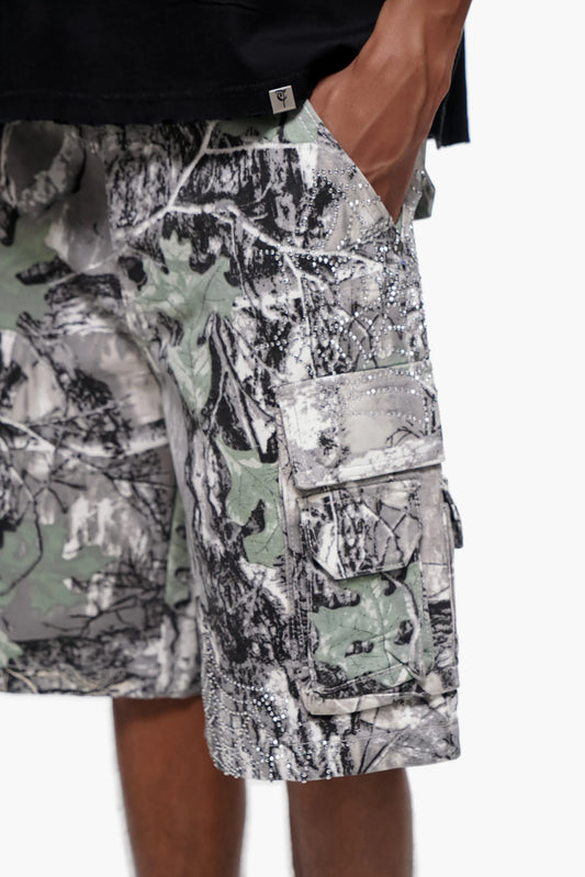 TRNCHS Abandon Camo Denim Shorts - Grey — TRNCHS militant-streetwear heavyweight, denim shorts, front view