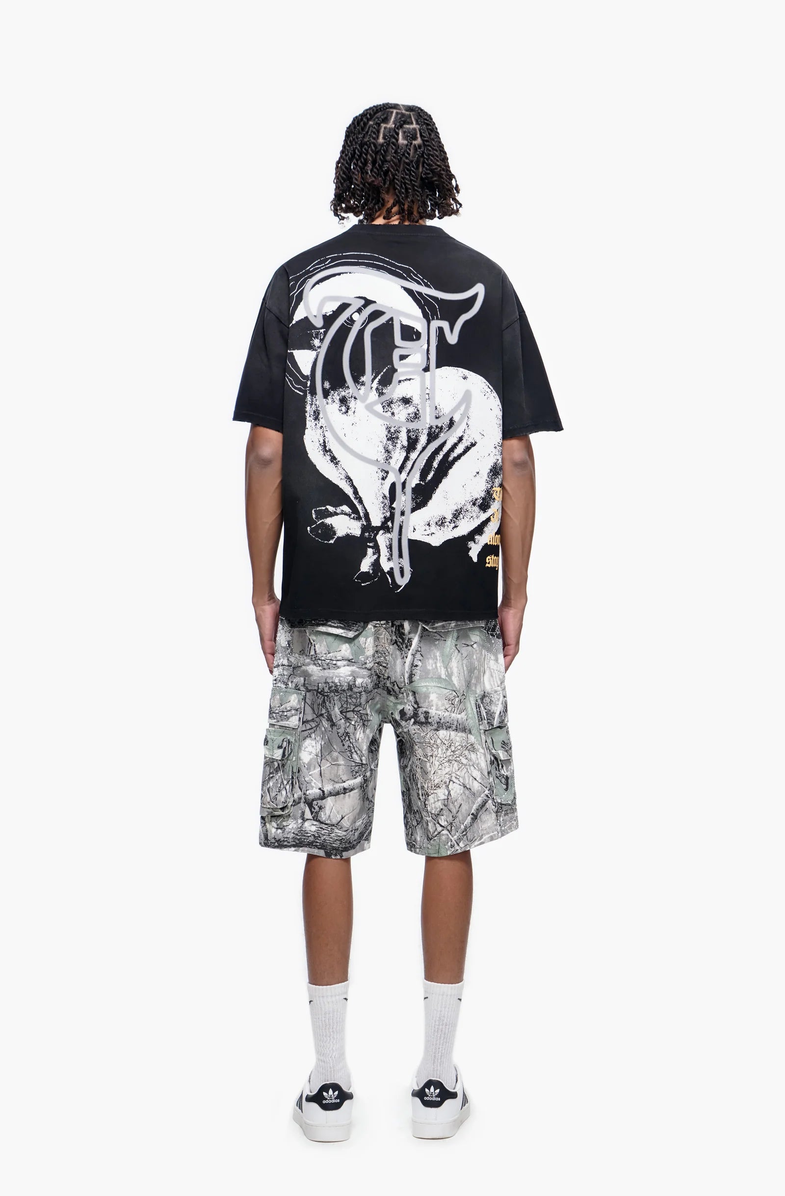 TRNCHS Abandon Camo Denim Shorts - Grey — TRNCHS militant-streetwear heavyweight, denim shorts, front view