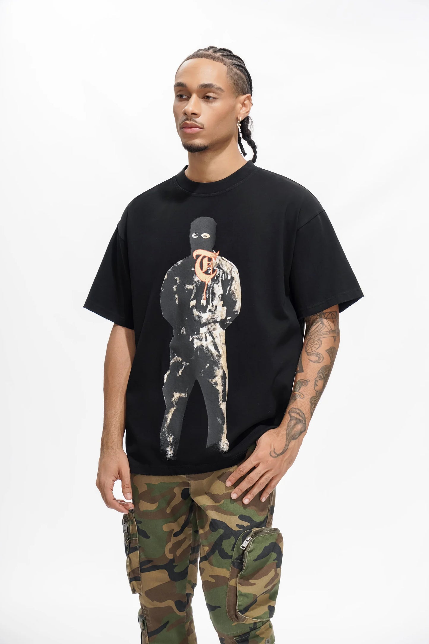 TRNCHS War Tour Tee - Black — TRNCHS militant-streetwear heavyweight, short-sleeve cotton tee, front view
