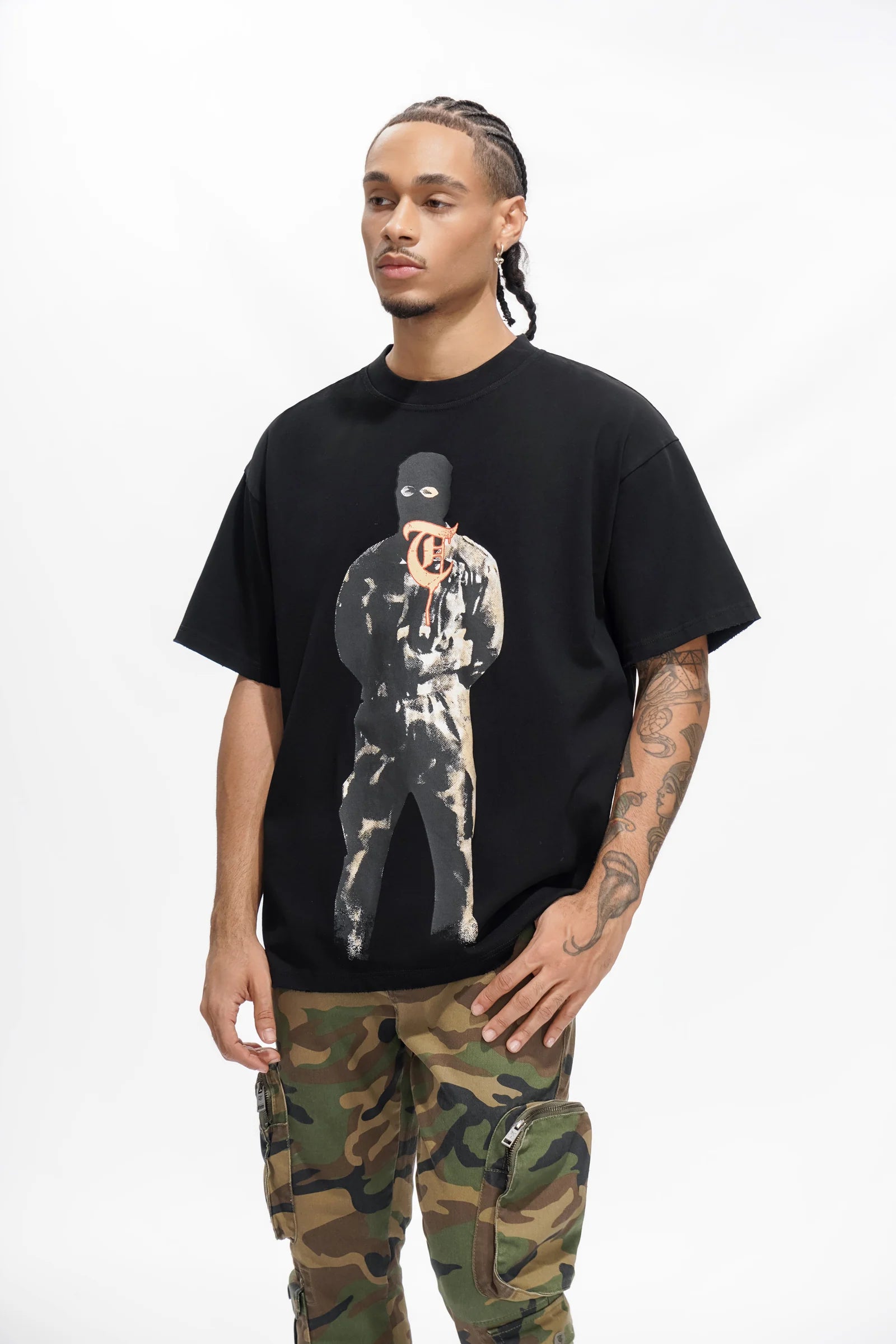 TRNCHS War Tour Tee - Black — TRNCHS militant-streetwear heavyweight, short-sleeve cotton tee, front view