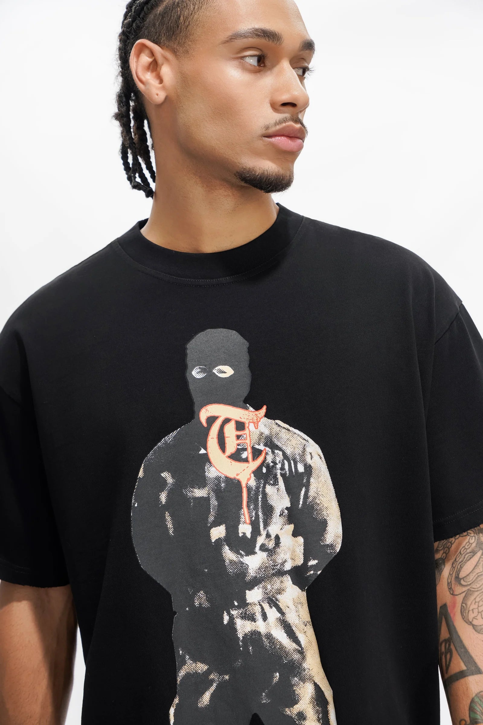TRNCHS War Tour Tee - Black — TRNCHS militant-streetwear heavyweight, short-sleeve cotton tee, front view