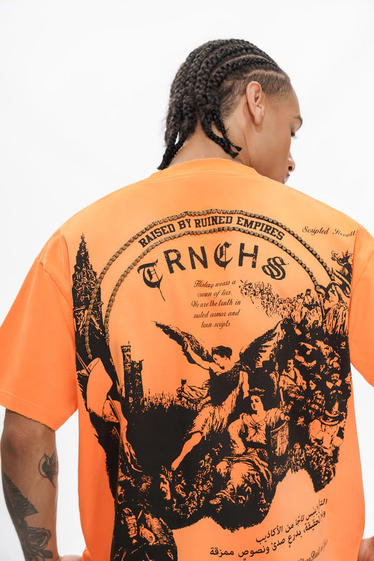 TRNCHS Post-Empire Era Tee - Orange — TRNCHS militant-streetwear heavyweight, short-sleeve cotton tee, front view