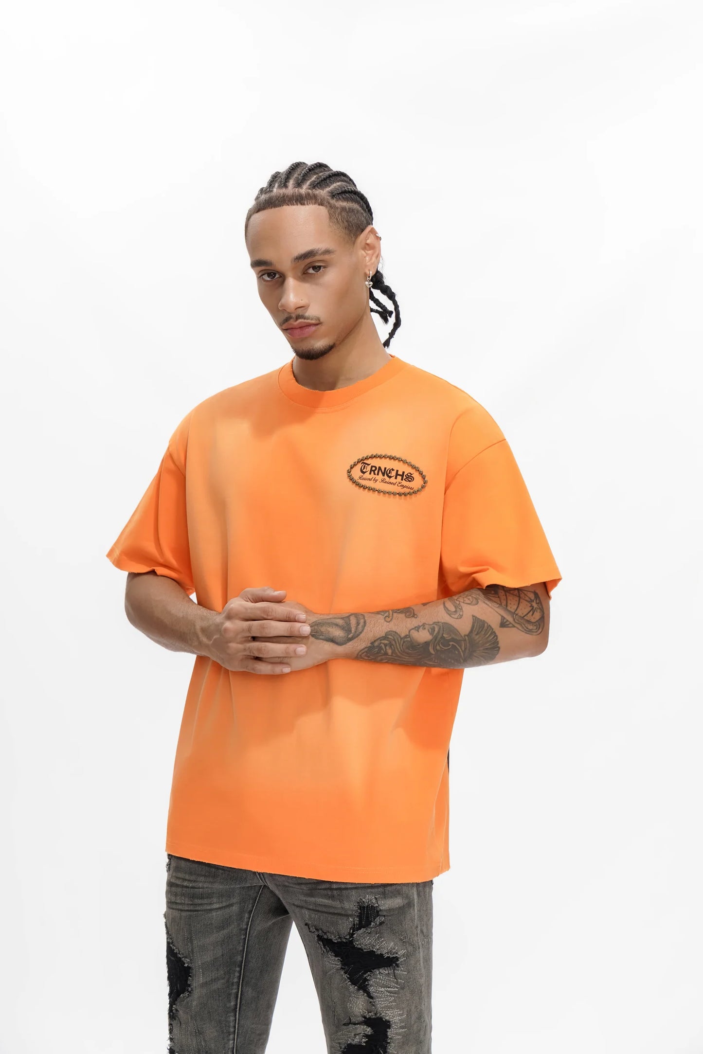 TRNCHS Post-Empire Era Tee - Orange — TRNCHS militant-streetwear heavyweight, short-sleeve cotton tee, front view
