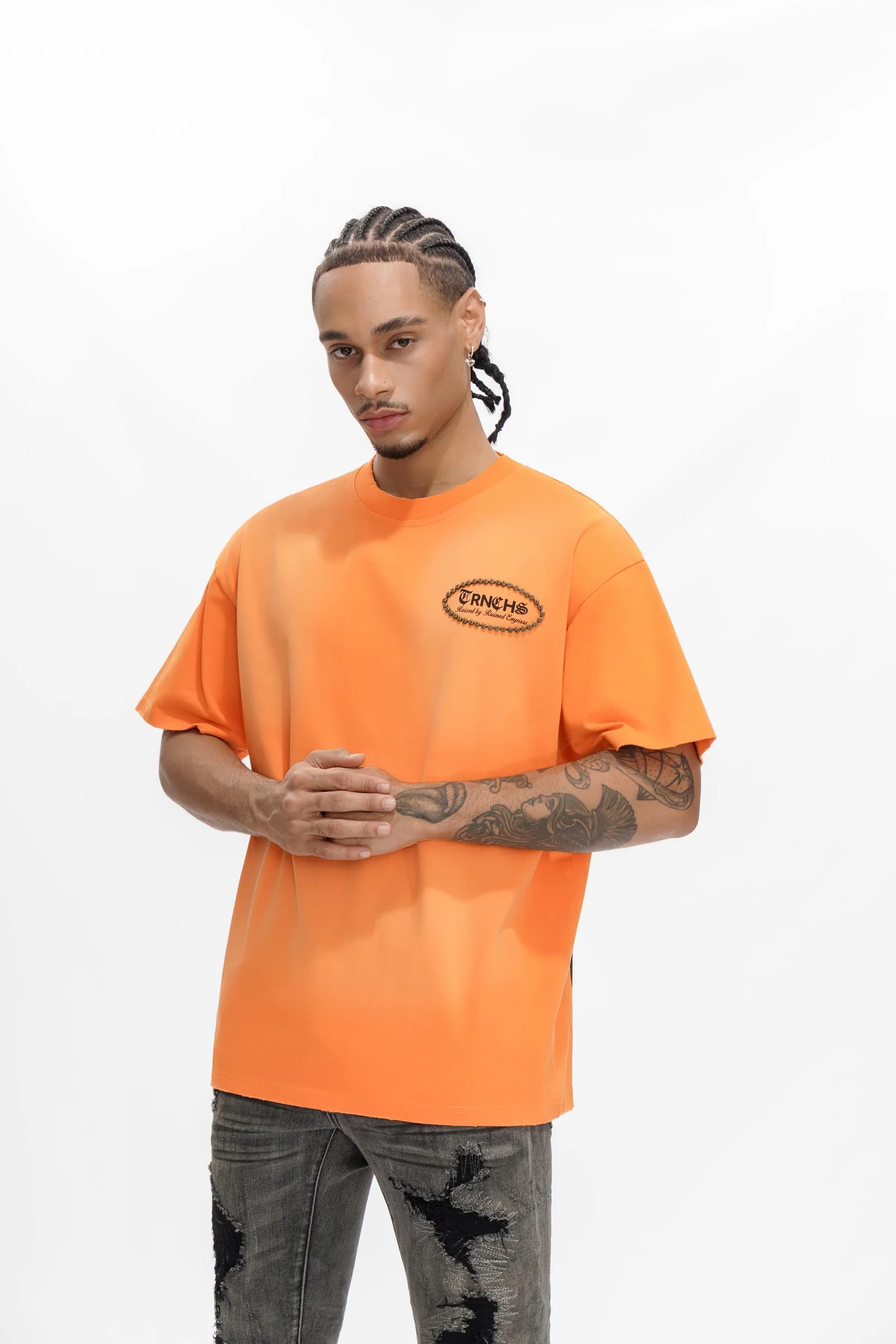TRNCHS Post-Empire Era Tee - Orange — TRNCHS militant-streetwear heavyweight, short-sleeve cotton tee, front view