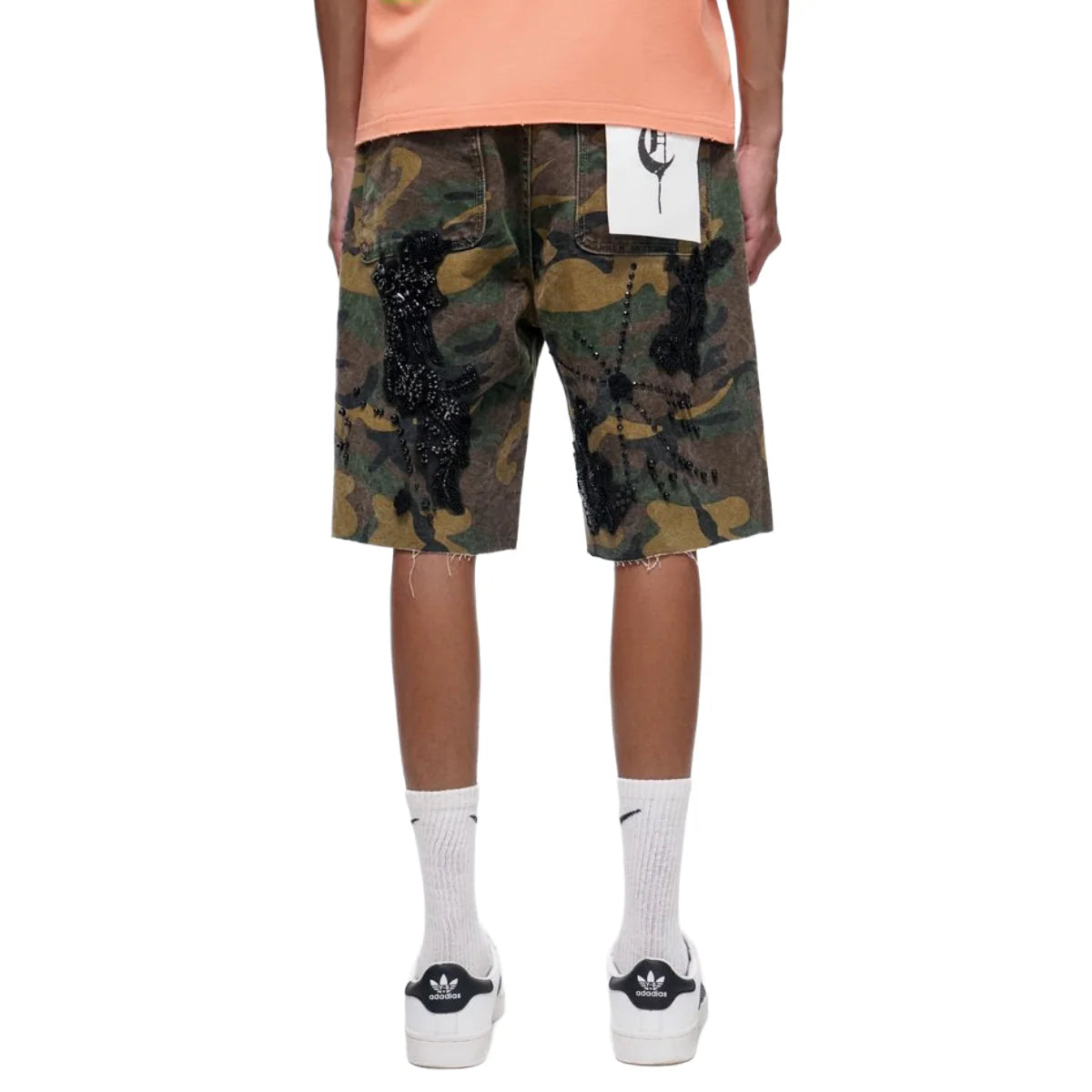 TRNCHS Stitched Camo Denim Shorts — TRNCHS militant-streetwear heavyweight, denim shorts, front view