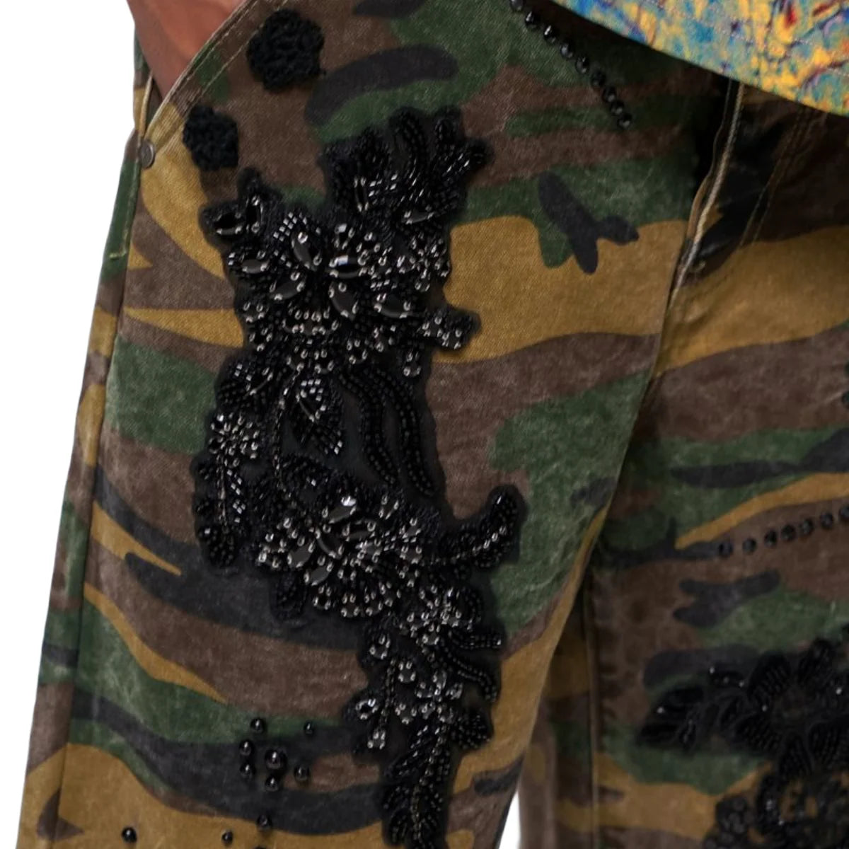 TRNCHS Stitched Camo Denim Shorts — TRNCHS militant-streetwear heavyweight, denim shorts, front view