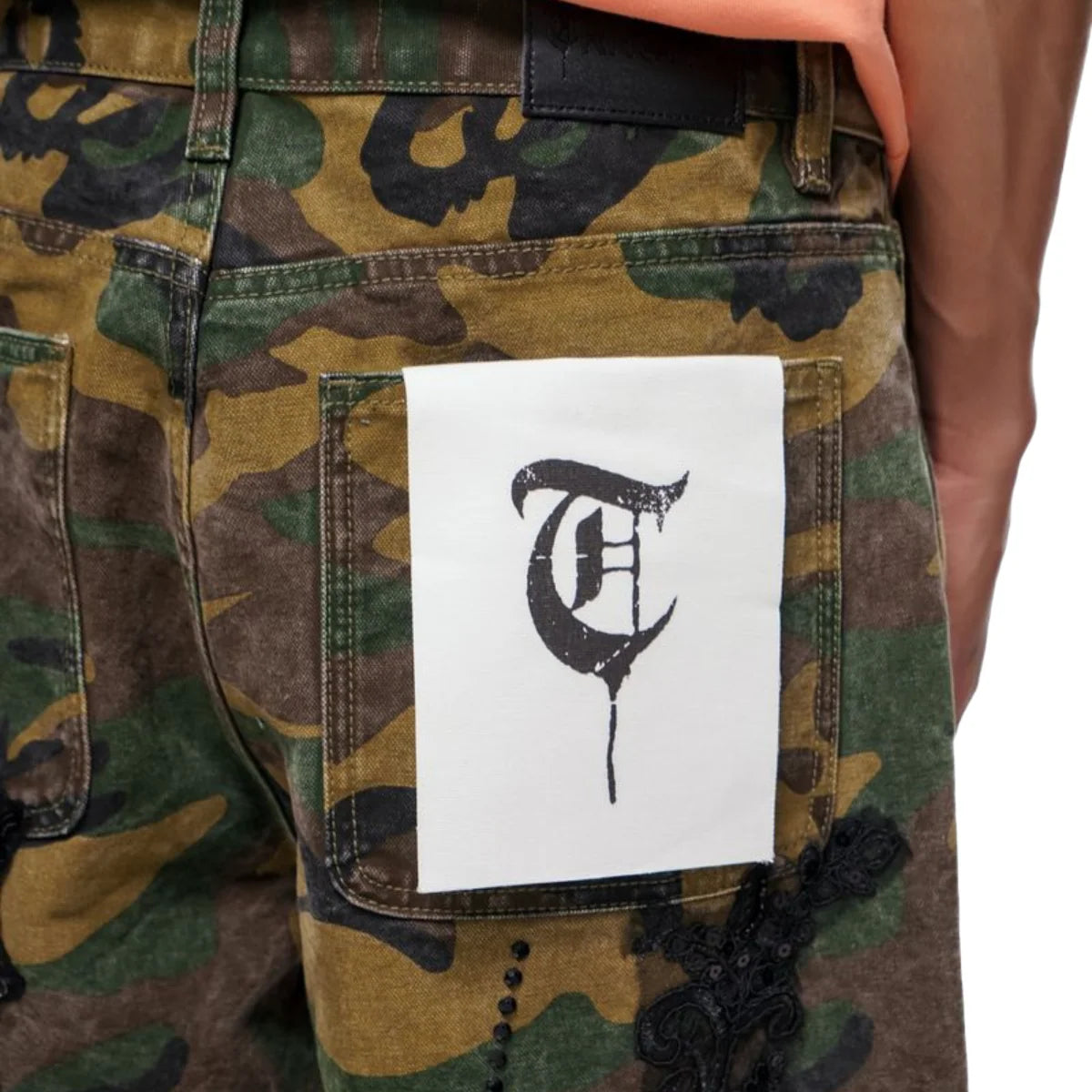 TRNCHS Stitched Camo Denim Shorts — TRNCHS militant-streetwear heavyweight, denim shorts, front view