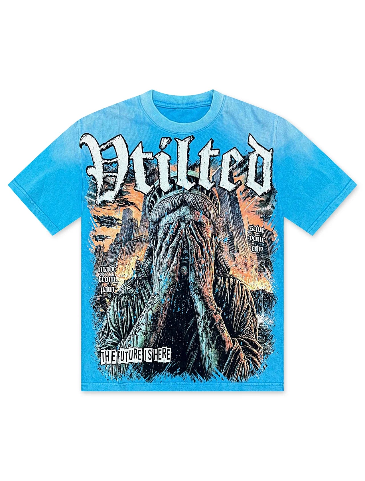 Vtilted "TEARS" oversized graphic tee in Washed Blue — a weeping faceless figure crying into their hands against a burning landscape, captioned "MADE FROM PAIN" and "THE FUTURE IS 