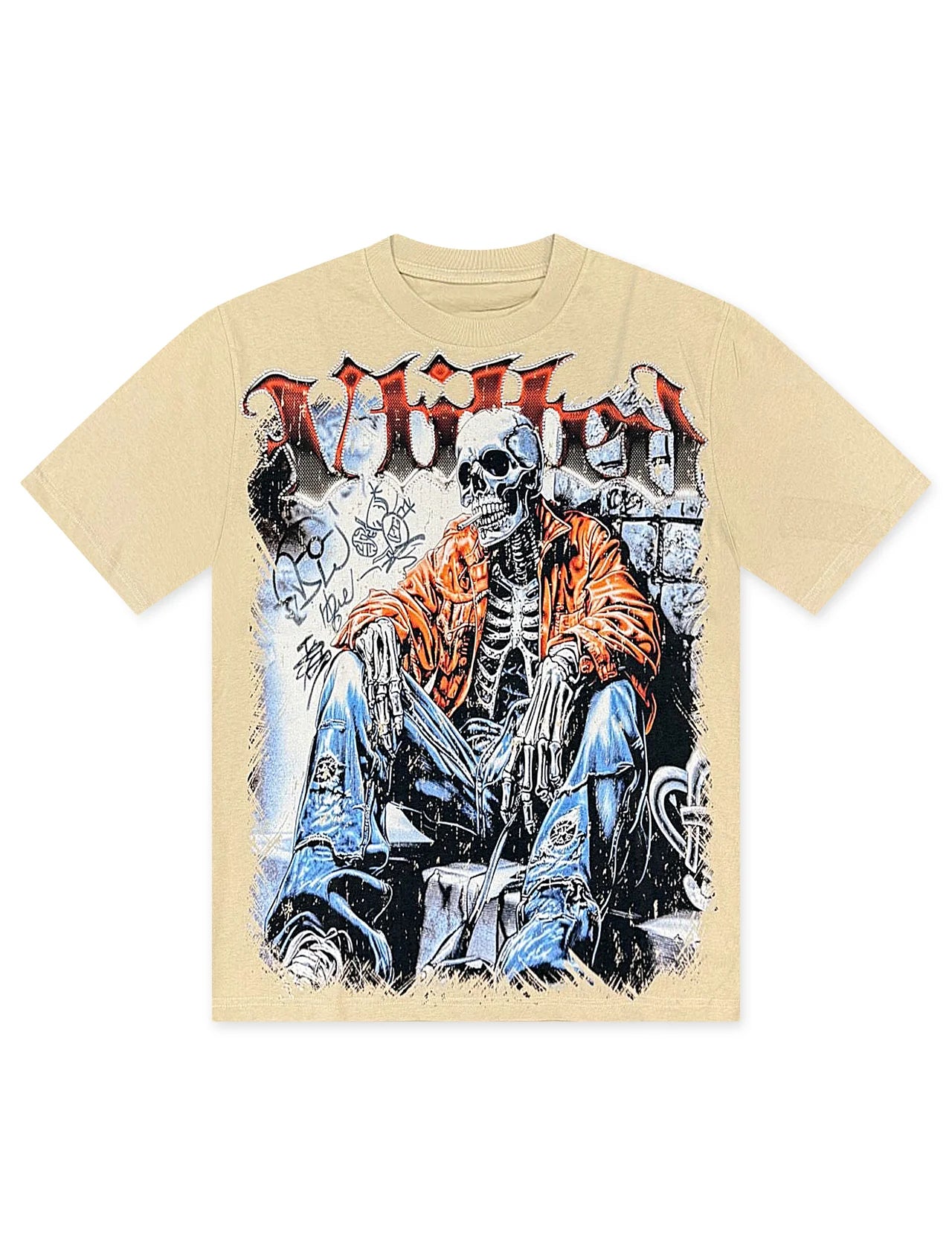 Vtilted "UNSTABLE" oversized graphic tee in Cream — a skeleton in an orange windbreaker slouched against a graffiti wall, half-drawn in chalk and ink — alive and dead at the same time