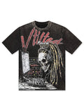 Vtilted "RECORDS" oversized graphic tee in Heavy Black Wash — a dreadlocked skeleton at a vintage mixing console under "VTILTED RECORDS" in graffiti-script — the imprint making the noise