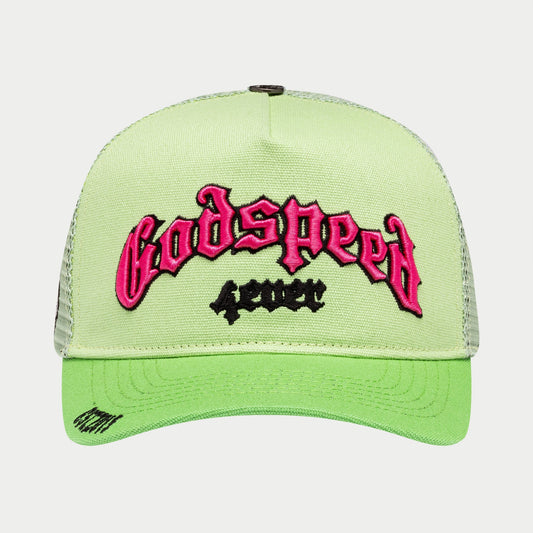 Godspeed - GS Forever Trucker Hat (Lime/pink) BOOM — front view