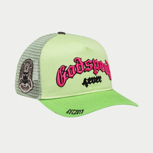 Godspeed - GS Forever Trucker Hat (Lime/pink) BOOM — front view