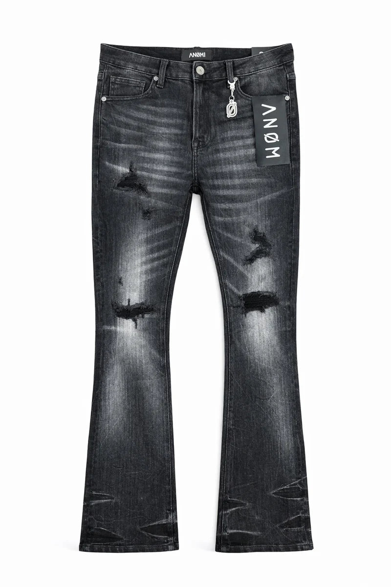 Anom Obscura Stacked Fit in Black Wash denim — front view