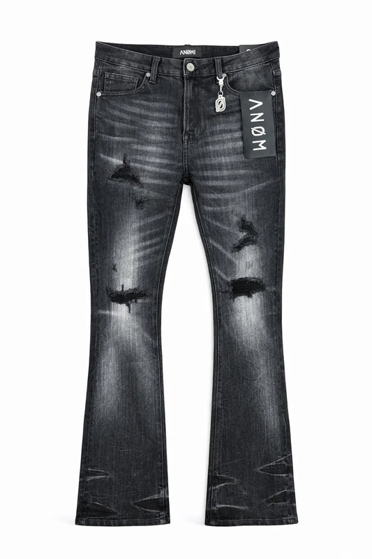 Anom Obscura Stacked Fit in Black Wash denim — front view
