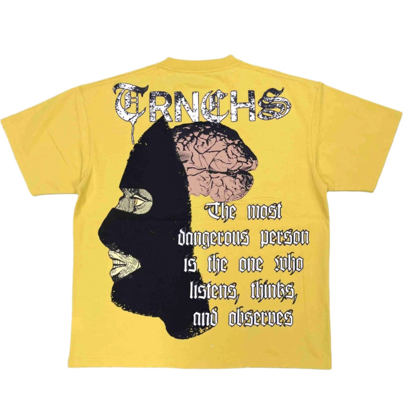 TRNCHS Dangerous Tee - Yellow — TRNCHS militant-streetwear heavyweight, short-sleeve cotton tee, front view
