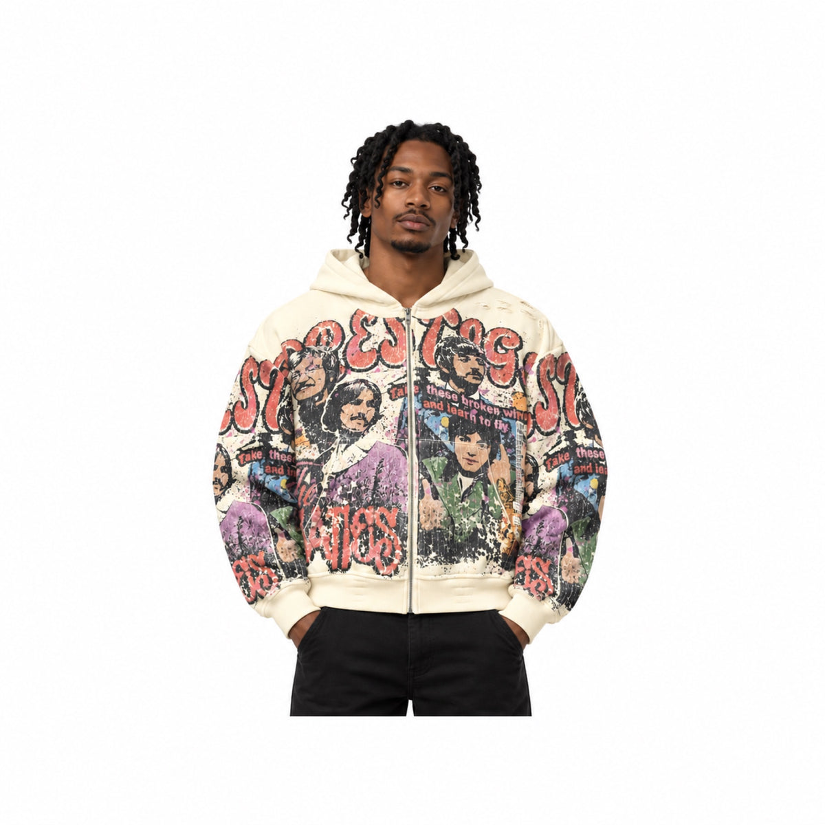 Prestige - Black Beatles Zip Hoodie - Cream — 1