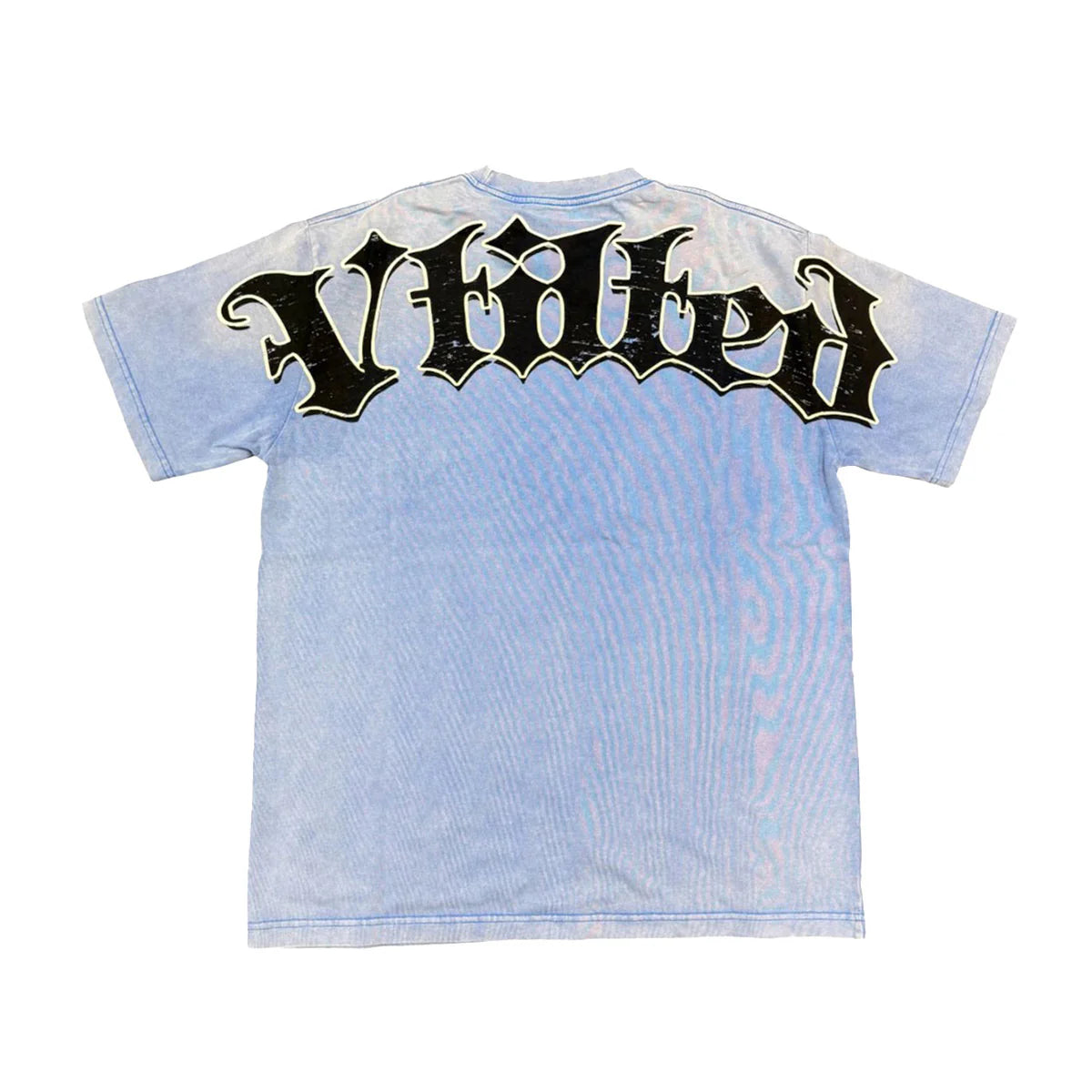 Vtilted "META" oversized graphic tee in Blue Jean — a child wearing a VR headset surrounded by cosmic static, asking "WILL I LET THIS EARTH BE RULED?" and "The Future Is Here&qu