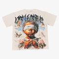 Vtilted "BLINDED" oversized graphic tee in White — a blindfolded praying child rendered in chiaroscuro oil-painting style, surrounded by storm clouds, roses, and butterflies — a meditation on