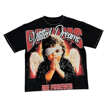 Vtilted "LOVED" oversized graphic tee in Jet Black — a winged cherub praying in front of a flaming heart, framed by gothic "Vtilted Dreams" lettering and the words "ME FOREVER&qu