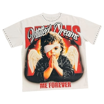 Vtilted "LOVED" oversized graphic tee in White — a winged cherub praying in front of a flaming heart, framed by gothic "Vtilted Dreams" lettering and the words "ME FOREVER&qu