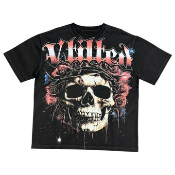 Vtilted "ROSES" oversized graphic tee in Jet Black — a stylized skull crowned with thorns and roses — gothic, romantic, defiant