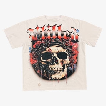 Vtilted "ROSES" oversized graphic tee in White — a stylized skull crowned with thorns and roses — gothic, romantic, defiant