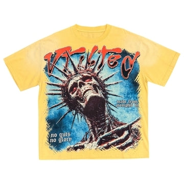 Vtilted "GLORY" oversized graphic tee in Mustard — a Statue of Liberty skull screaming at a stormy sky with "NO GUTS NO GLORY" and "Made From Memphis" in distressed Old En