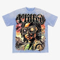 Vtilted "META" oversized graphic tee in Blue Jean — a child wearing a VR headset surrounded by cosmic static, asking "WILL I LET THIS EARTH BE RULED?" and "The Future Is Here&qu