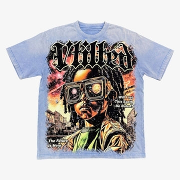 Vtilted "META" oversized graphic tee in Blue Jean — a child wearing a VR headset surrounded by cosmic static, asking "WILL I LET THIS EARTH BE RULED?" and "The Future Is Here&qu