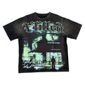 Vtilted "V STORE" oversized graphic tee in Black Wash — a moonlit Vtilted storefront at the corner of a quiet street with a lone figure entering, captioned "NO CRIME, NO CHALLENGE"