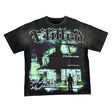 Vtilted "V STORE" oversized graphic tee in Black Wash — a moonlit Vtilted storefront at the corner of a quiet street with a lone figure entering, captioned "NO CRIME, NO CHALLENGE"