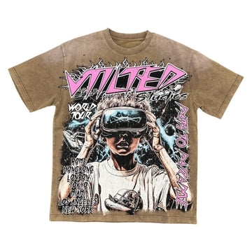 Vtilted "TOKYO" oversized graphic tee in Brown Wash — a child in a VR headset framed by a comic-book world tour (ROME · HONG KONG · LONDON · TOKYO · MIAMI · LOS ANGELES · NEW YORK) under "E