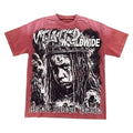 Vtilted "DAMAGE" oversized graphic tee in Berry — a brooding crowned woman's portrait against a torn-paper background, with "WORLDWIDE" and "MADE FROM PAIN" in heavy