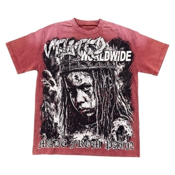 Vtilted "DAMAGE" oversized graphic tee in Berry — a brooding crowned woman's portrait against a torn-paper background, with "WORLDWIDE" and "MADE FROM PAIN" in heavy